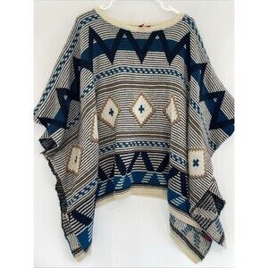 Aztec‎ Pullover Poncho 5/48c One Size Blue Cream Tan Western Cowboy Ranch